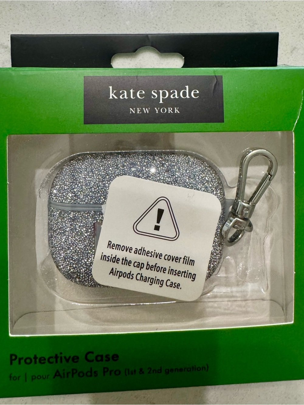 Kate Spade New York Glitter AirPods Pro Case Silver Sparkle NIB 1st & 2nd Gen